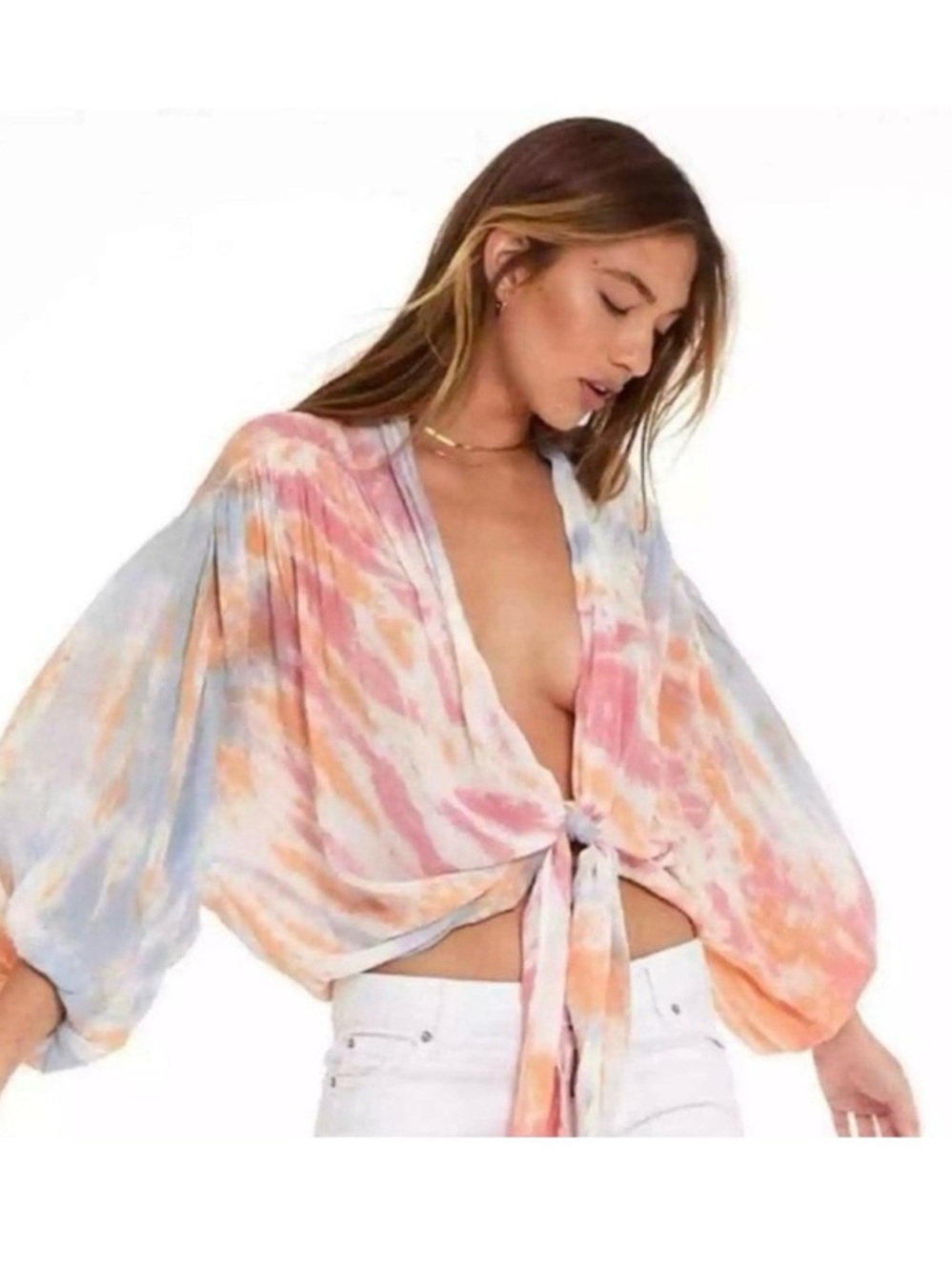 Young Fabulous & Broke rayon tie-dye blouse with front tie detail